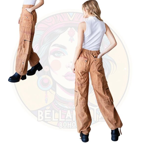 P030 OLI & HALI Camel Mineral Washed Multi-Pocket Cargo Pants - Picture 2 of 2